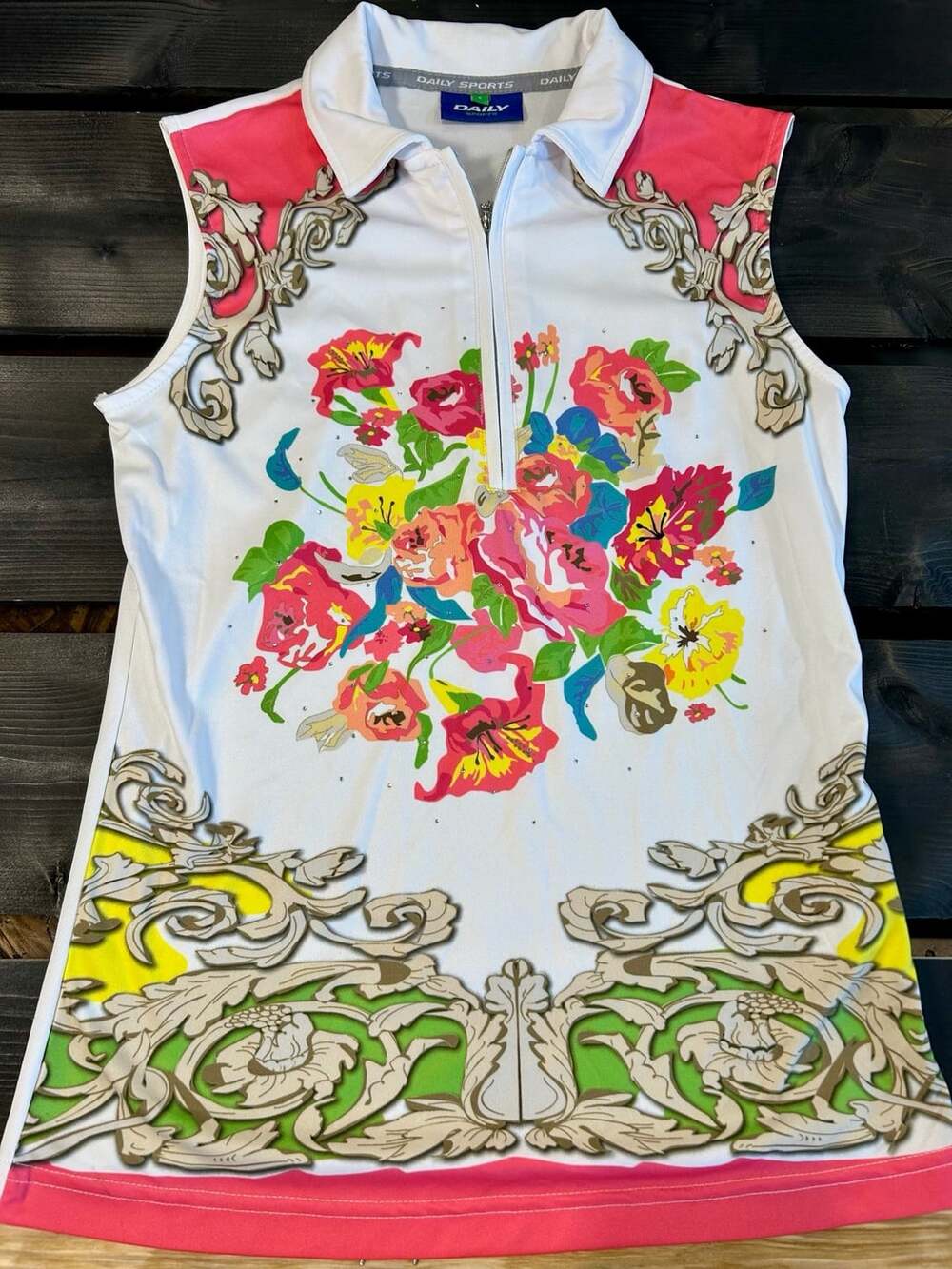 Daily Sports Women's Sleeveless Zip-Neck Golf Shirt with Floral & Rhinestones